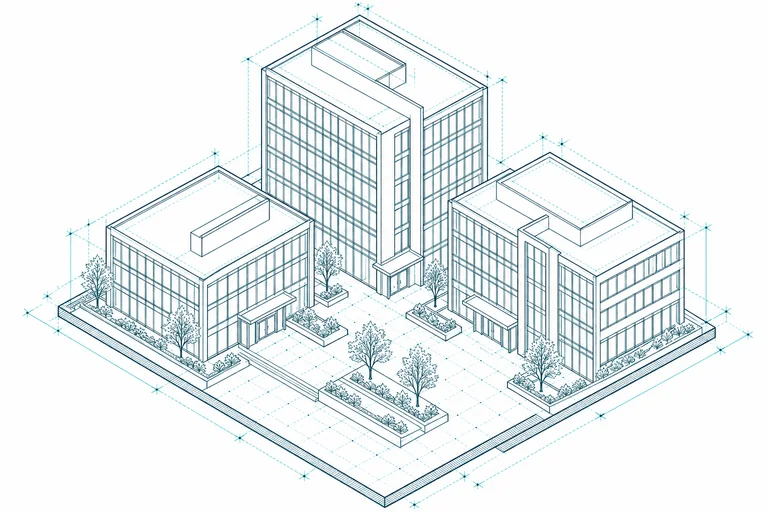 Ilustración isométrica de un conjunto de edificios corporativos